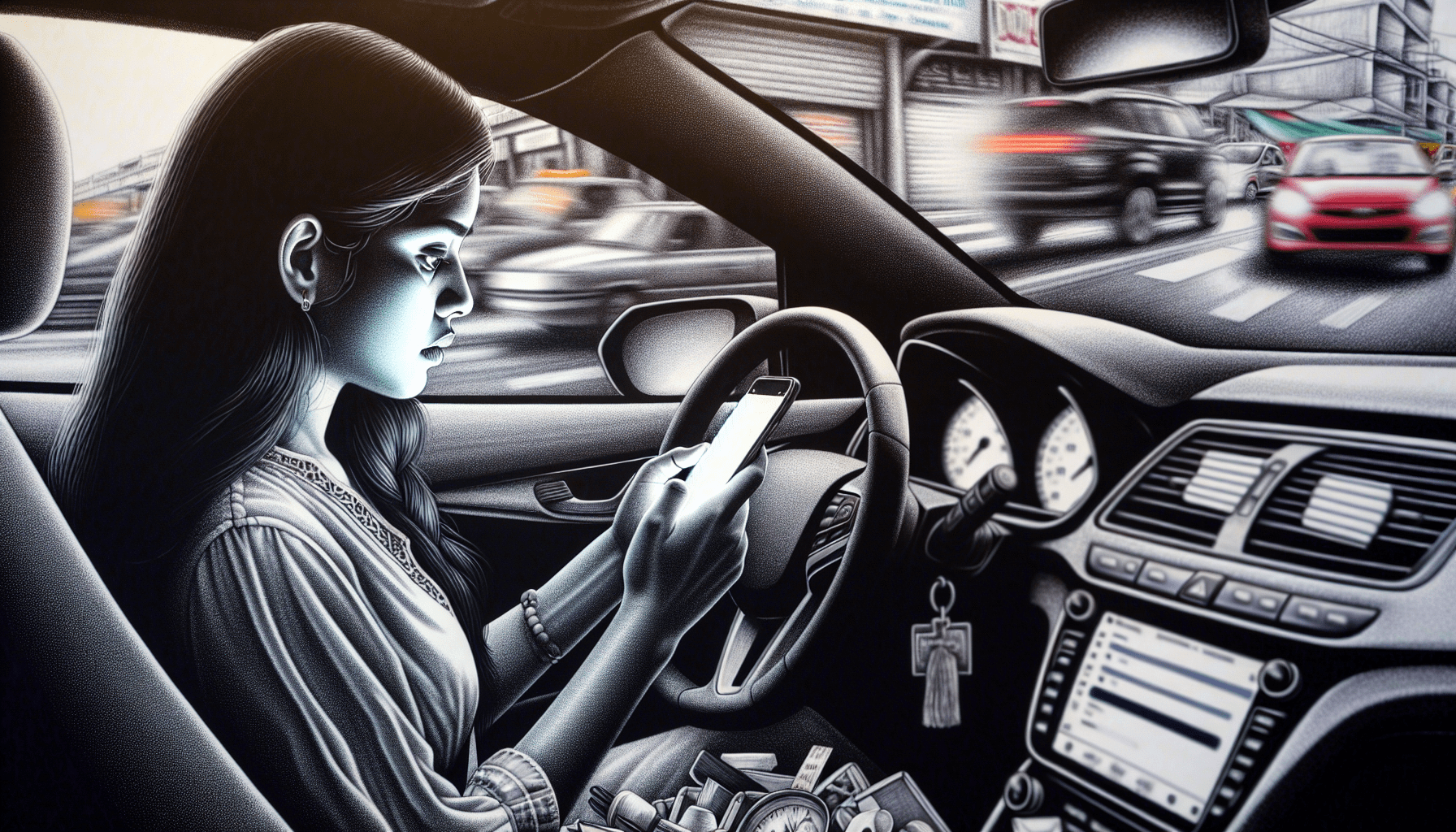 An illustration of distracted driving as a leading cause of car accidents.