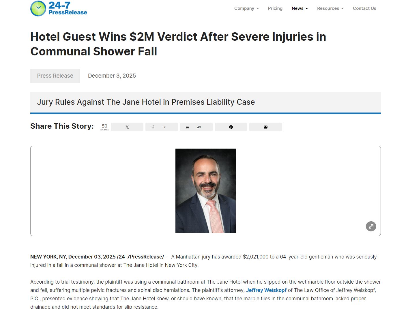 slip and fall 2 million dollar award press release