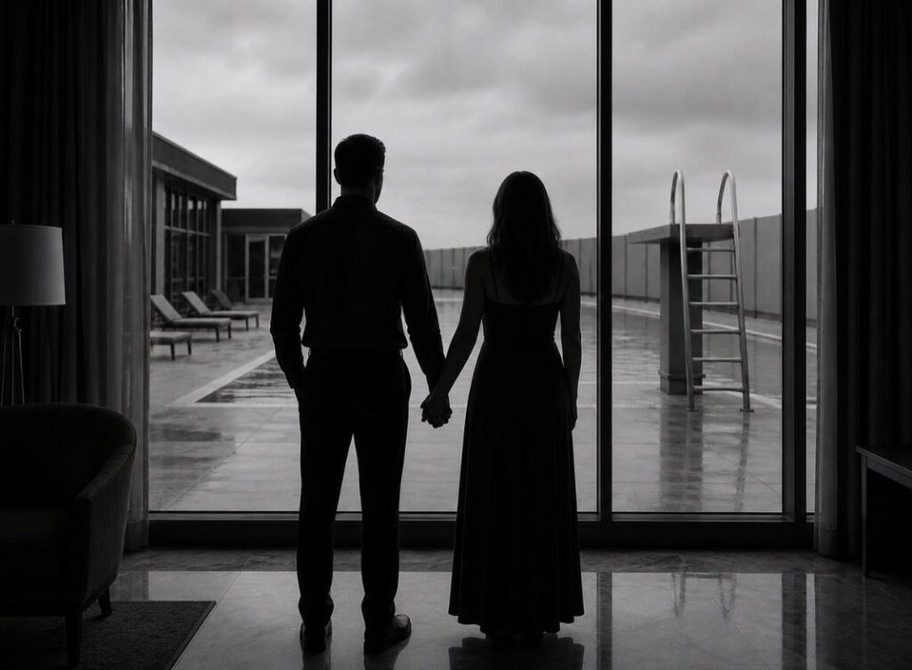 black and white man and woman looking out at hotel pool